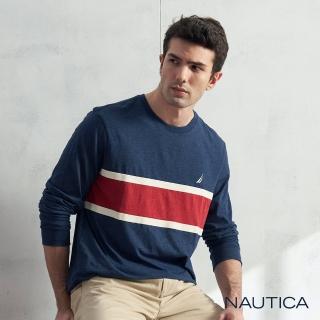 【NAUTICA】男裝 簡約拼接長袖T恤(海軍藍)