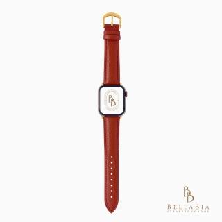 【BellaBia】Apple Watch 7/6/5/4/3/SE 38/40/41/42/44/45mm 荔枝紋小牛皮系列(橙/金釦 真皮 錶帶)