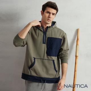 【NAUTICA】男裝異材質拼接長袖連帽T恤(墨綠)