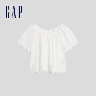 【GAP】女童 氣質寬鬆鏤空刺繡休閒上衣(813299-白色)