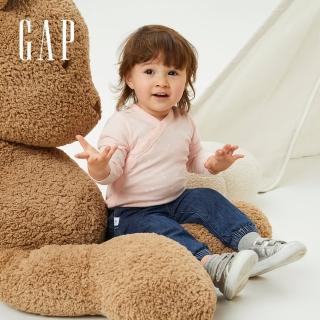 【GAP】嬰兒 布萊納系列 純棉印花交叉暗扣長袖包屁衣(741320-粉色)