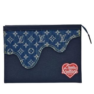 【Louis Vuitton 路易威登】M45961經典POCHETTE VOYAGE MM牛仔布拉鍊手拿包(牛仔藍)