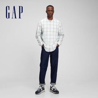 【GAP】男裝 純棉商務立領長袖襯衫(833837-綠色格紋)