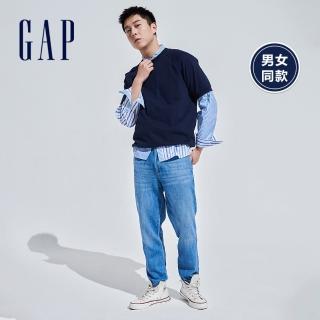 【GAP】男女同款 碳素軟磨 法式圈織系列 素色寬鬆短袖休閒上衣(808997-海軍藍)