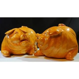 【桃花源創意工坊】金絲黃金豬一對(木雕)