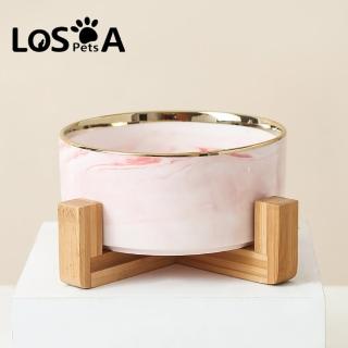 【LOSOAPET】大理石金邊帶木架陶瓷寵物碗單碗(寵物碗)