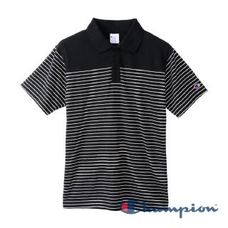 【Champion】Basic 拼接條紋Polo衫-黑色