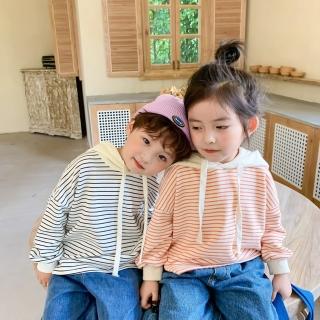 【橘魔法】連帽條紋毛圈棉貼布開叉長袖上衣(衛衣 薄長袖 連帽上衣 男童 女童)