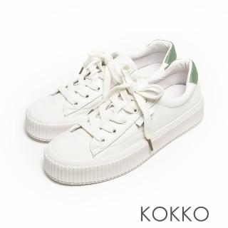 【KOKKO 集團】極度舒適真皮綁帶微厚底餅乾休閒鞋(白綠)