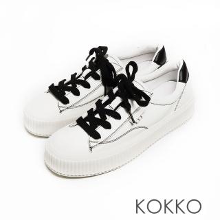 【KOKKO 集團】極度舒適真皮綁帶微厚底餅乾休閒鞋(白黑)