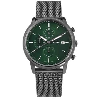 【FOSSIL】三眼計時 簡約時尚 日期 米蘭編織不鏽鋼手錶 綠x鍍灰 42mm(FS5908)