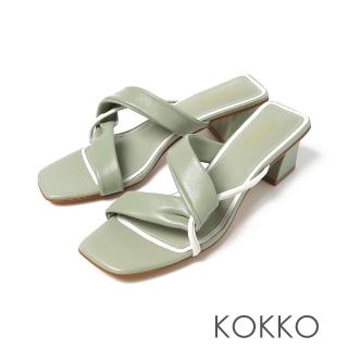 【KOKKO 集團】方頭柔軟綿羊皮線條對比粗跟涼拖鞋(綠色)