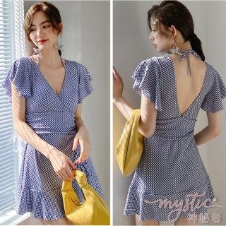 【mystic 神秘者】女泳裝 連身泳衣 中大尺碼 小方格荷葉邊美背連身泳衣(藍色 XL-2XL)