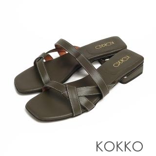 【KOKKO 集團】經典手工方頭線條柔感牛皮涼拖鞋(綠色)