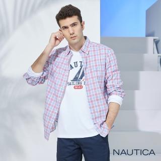 【NAUTICA】男裝 經典撞色格紋長袖襯衫(紅藍格)