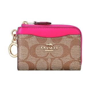 【COACH】COACH金字LOGO緹花PVC拼接皮革 L型拉鍊鑰匙圈卡夾(卡其x粉紅)