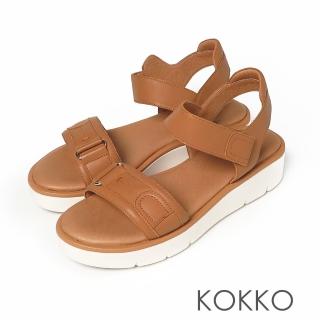 【KOKKO 集團】超透氣全真皮輕量運動風休閒厚底涼鞋(棕色)