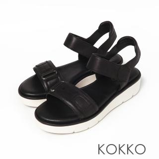 【KOKKO 集團】超透氣全真皮輕量運動風休閒厚底涼鞋(黑色)