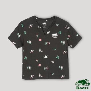 【Roots】Roots 女裝- 回歸根源系列 花園印花寬短版短袖T恤(鐵灰色)