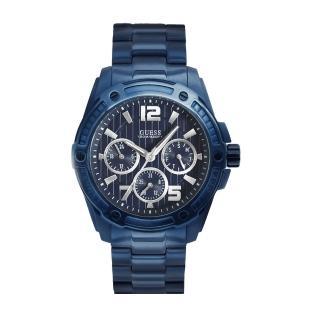 【GUESS】藍面 藍殼 三眼日期標示 不鏽鋼錶帶腕錶 七夕情人節(W0601G2)