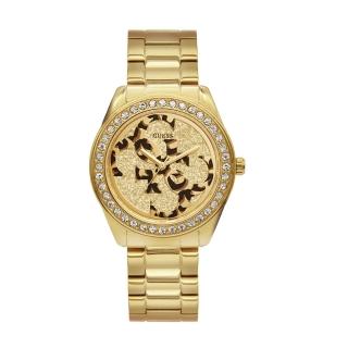 【GUESS】金面 金殼 豹紋經典LOGO設計  不鏽鋼晶鑽腕錶 七夕情人節(W1201L2)