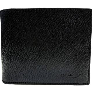 【COACH】壓印LOGO1+1活動卡夾 素面荔枝皮雙夾層男短夾-潮流黑(coach 男生 黑色 f74991 blk)