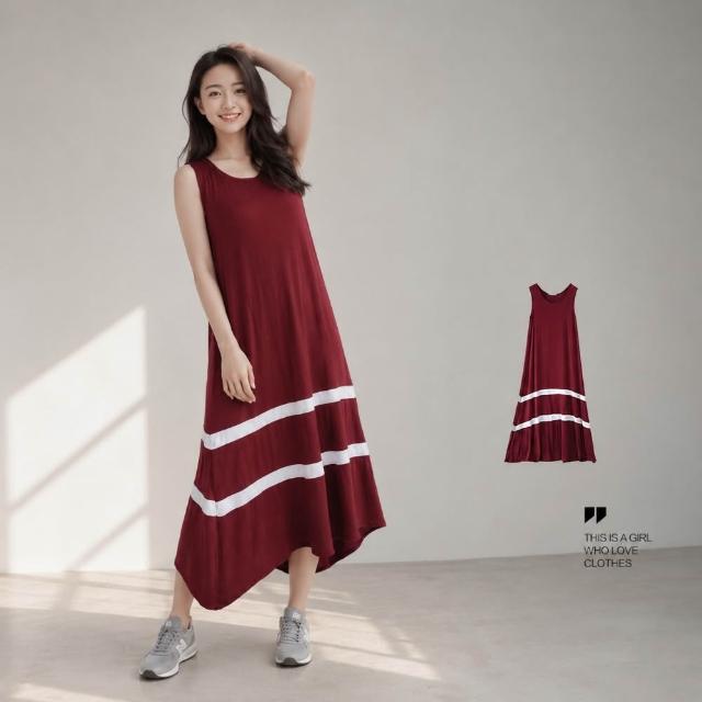 【Amore】莫代爾圓領背心橫條連身裙 無袖上衣 無袖洋裝(夏日穿搭必備)