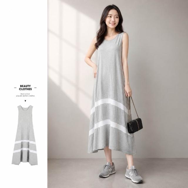 【Amore】莫代爾圓領背心橫條連身裙 無袖上衣 無袖洋裝(夏日穿搭必備)