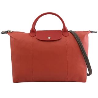 【LONGCHAMP】Le Pliage Cuir 折疊小羊皮短把兩用旅用包.橘(大款 1630)