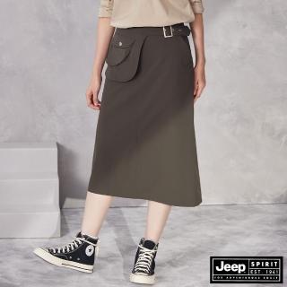 【JEEP】女裝 造型腰帶七分開岔裙(橄欖綠)