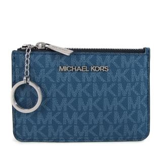 【Michael Kors】銀字滿版防刮LOGO拚色鑰匙零錢包(深藍色)