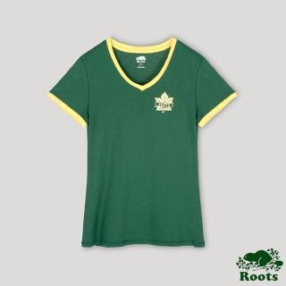【Roots】Roots 女裝- 夏日露營系列 撞色V領短袖T恤(森林綠)