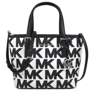 【Michael Kors】銀字大MK滿版拼接皮革小款手提x斜背兩用托特包(黑白色)