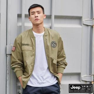 【JEEP】軍風LOGO徽章寬版飛行外套-男女適穿(軍綠)