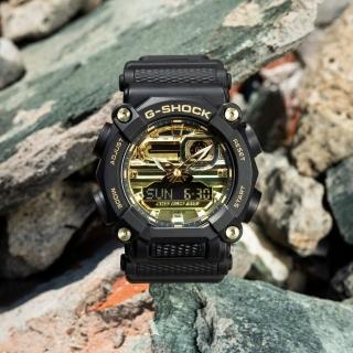 【CASIO 卡西歐】G-SHOCK 工業風金屬光雙顯計時手錶-黑X金(GA-900AG-1A)