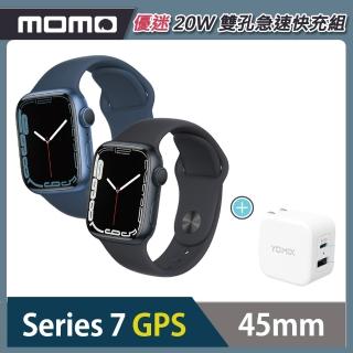 【Apple 蘋果】Apple Watch S7 GPS 45mm★20W 雙孔急速快充組(鋁金屬錶殼搭配運動型錶帶)