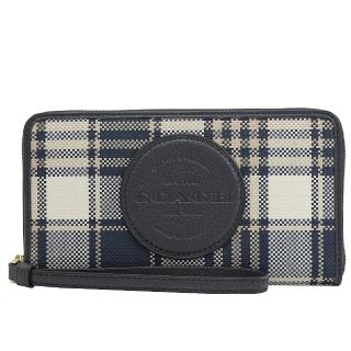 【COACH】格紋徽章LOGO拼接手提式拉鍊手機袋零錢長夾(深藍)