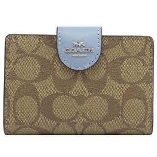 【COACH】金屬LOGO滿版C印花拼接扣式零錢中夾(駝/淺藍)