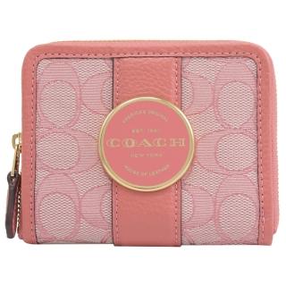 【COACH】品牌金屬LOGO字母C印花信用卡拉鍊短夾(粉)