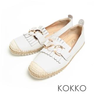 【KOKKO 集團】方頭鍊條流蘇全真皮輕量懶人草編鞋(白色)