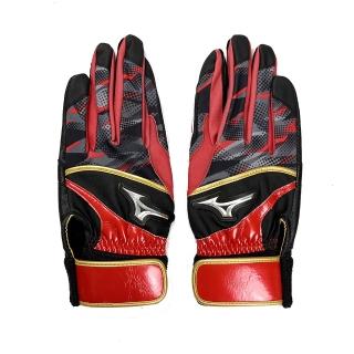【MIZUNO 美津濃】打擊手套 羊皮 雙手 黑x紅(1ETEA12069)