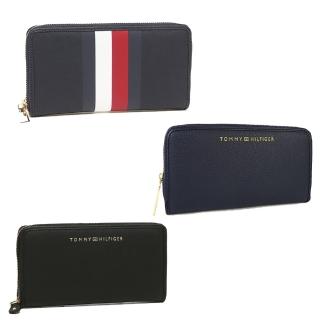 【Tommy Hilfiger】長夾 經典LOGO 拉鍊 皮革 中性款(深藍色)
