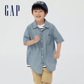 【GAP】男童 帥氣純棉翻領短袖牛仔襯衫(876440-淺藍色)