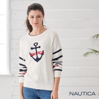 【NAUTICA】女裝船錨圓領長袖針織衫(白色)