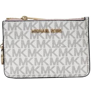 【Michael Kors】JET SET卡片吊飾金字LOGO零錢卡夾包(香草白X粉紅)