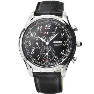 【SEIKO 精工】SEIKO精工萬年曆三眼計時皮帶錶-黑面(SPC255P1)