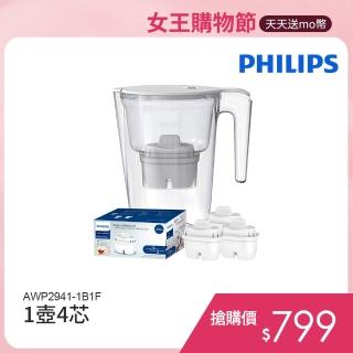 【Philips 飛利浦】AWP2941超濾濾水壺帶計時器-長效版3.4L +AWP211*1超值組-共1壼4芯(AWP2941-1B1F)