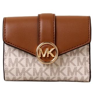 【Michael Kors】CARMEN立體LOGO滿版皮革拼接三折釦式短夾(香草白X咖)