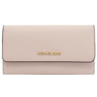 【Michael Kors】簡約金屬LOGO防刮皮革三折多卡扣式零錢長夾(腮紅粉)