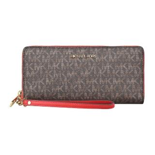 【Michael Kors】MK MICHAEL KORS JET SET TRAVEL金字LOGO印花PVC 16卡拉鍊長夾(紅x棕)